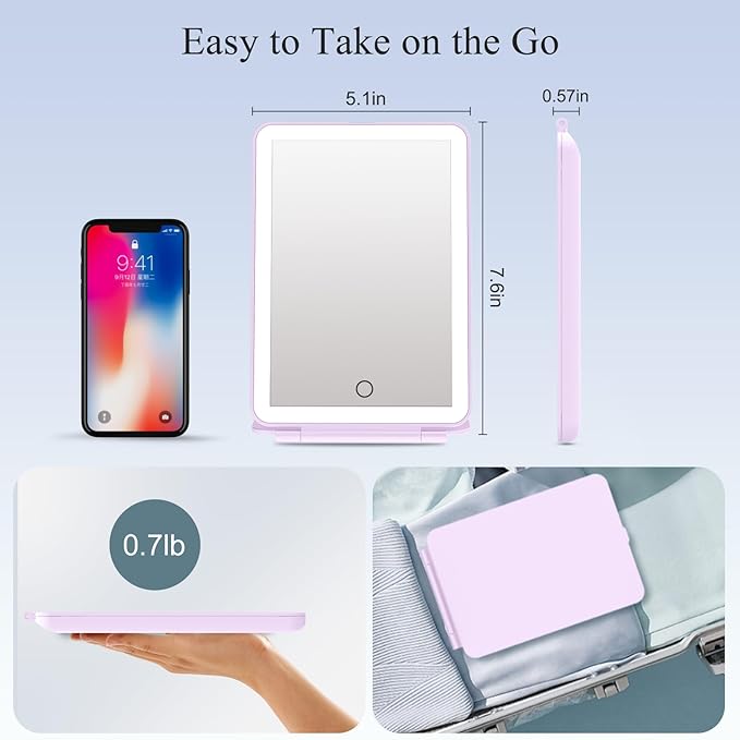 FUNTOUCH Rechargeable Travel Makeup Mirror Lights, Portable 72 Led Lighted Makeup Mirror, 3 Color Lighting, Dimmable Touch Screen, Type C, Tabletop LED Folding Cosmetic Vanity Mirror-Purple