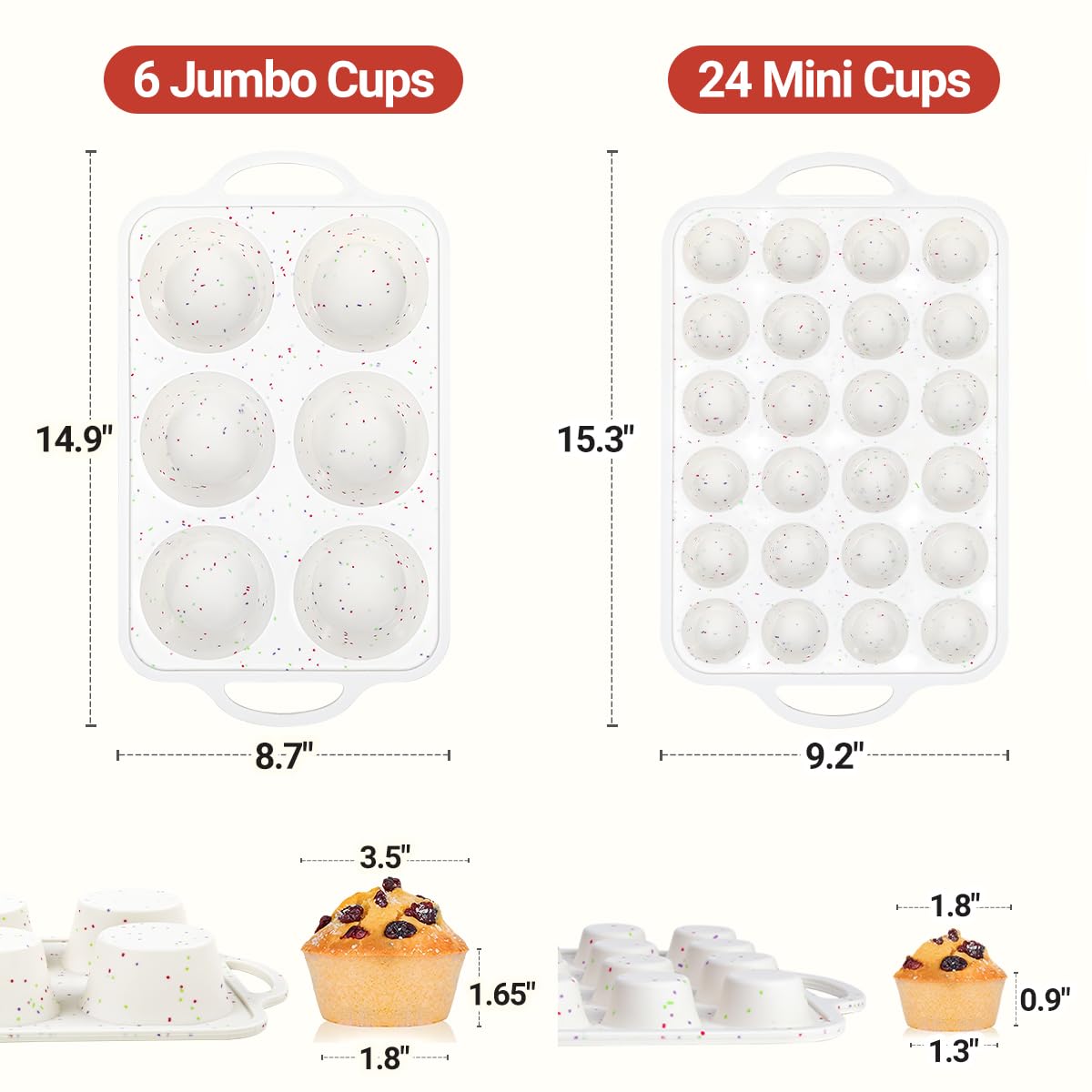 Silicone Muffin Pans for Baking, Metal Reinforced Frame Jumbo 6 Cups & Mini 24 Cups Cupcake Pan Nonstick Muffin Pan for Homemade Baking Easy to Handle