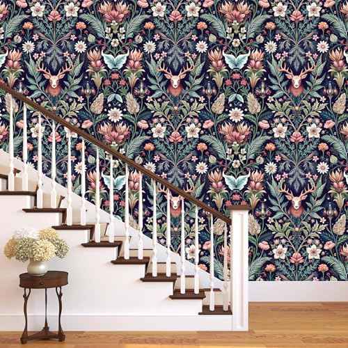 Yun-aeon Deer and Nature Peel and Stick Wallpaper - 17.3" x 120"£¨14.4sq ft£© Removable Forest Contact Paper Plants Wall Paper Vinyl Self Adhesive Floral Art Deco for Bedroom Living Room