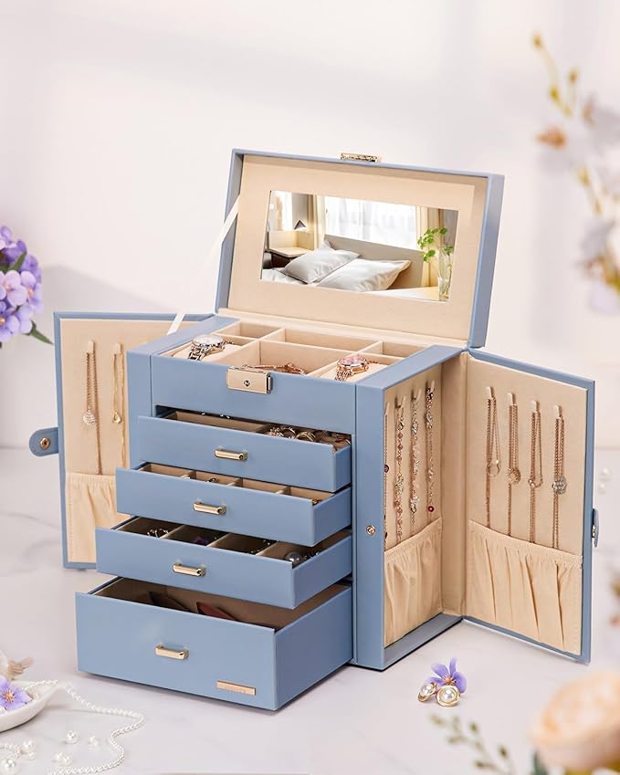Homde Synthetic Leather Huge Jewelry Box Mirrored Watch Organizer Necklace Ring Earring Storage Lockable Gift Case (Grey Blue + Gold)