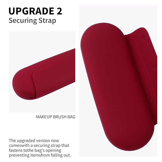 2 IN 1 Silicone Makeup Brush Holder with Beauty Make Up Sponge Holder Case：Soft Portable Cosmetic Face Brushes Holder with Upgrade Anti-Fall Out Magnetic Closure - Red