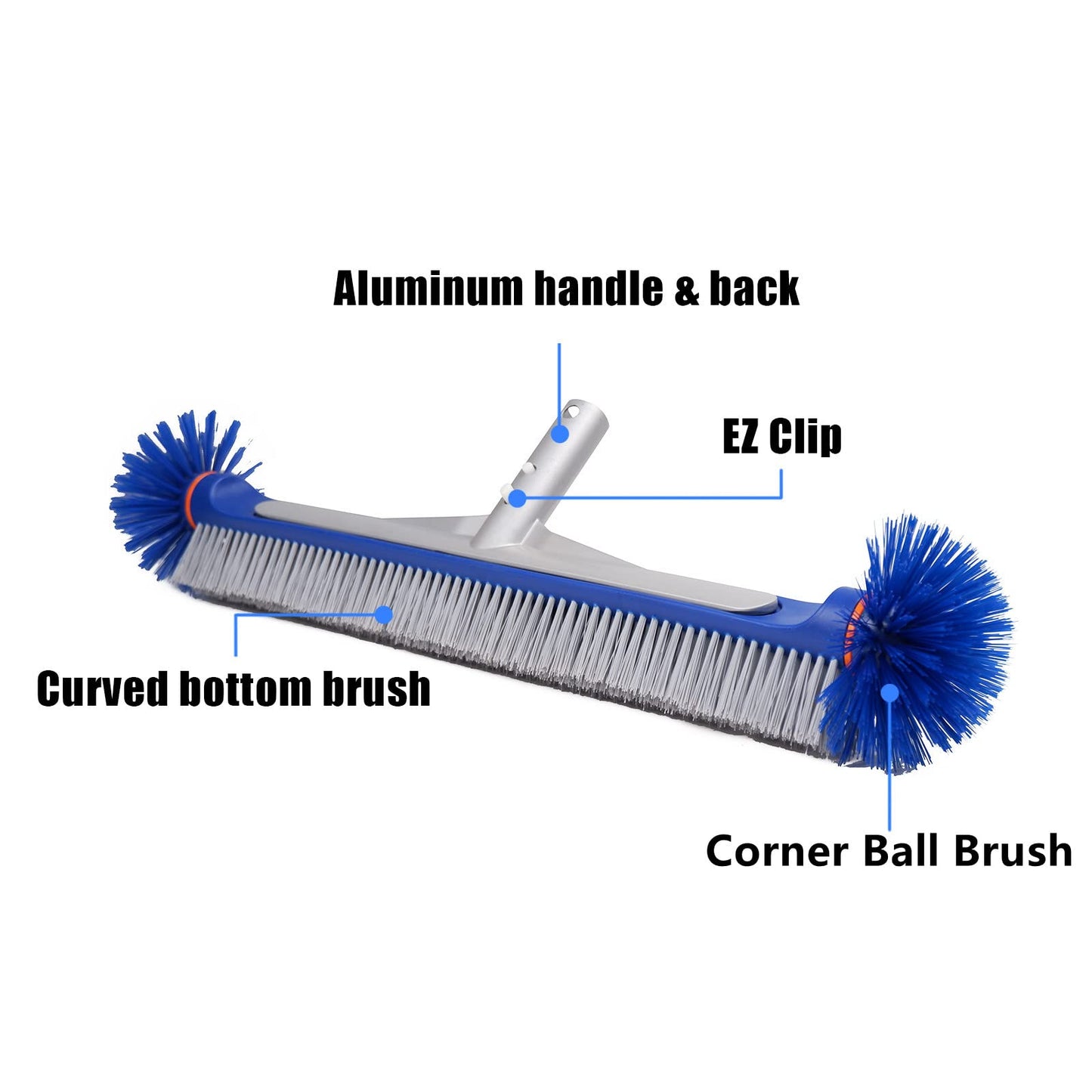 Poolvio Professional 17.5" Floor & Wall Pool Cleaning Brush with Tough Around Nylon Bristles, EZ Clip Aluminum Handle- Easily Sweep from Walls, Floors, Steps