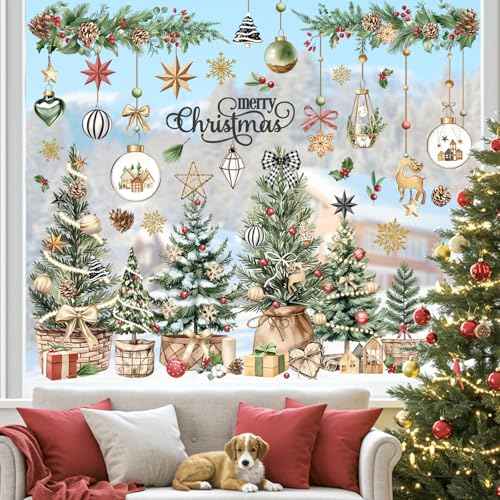 decalmile Christmas Tree Double Sided Window Clings Forest Tree Green Leaves Xmas Ball Anti-Collision Glass Doors Window Stickers Decals Celebration Decoration