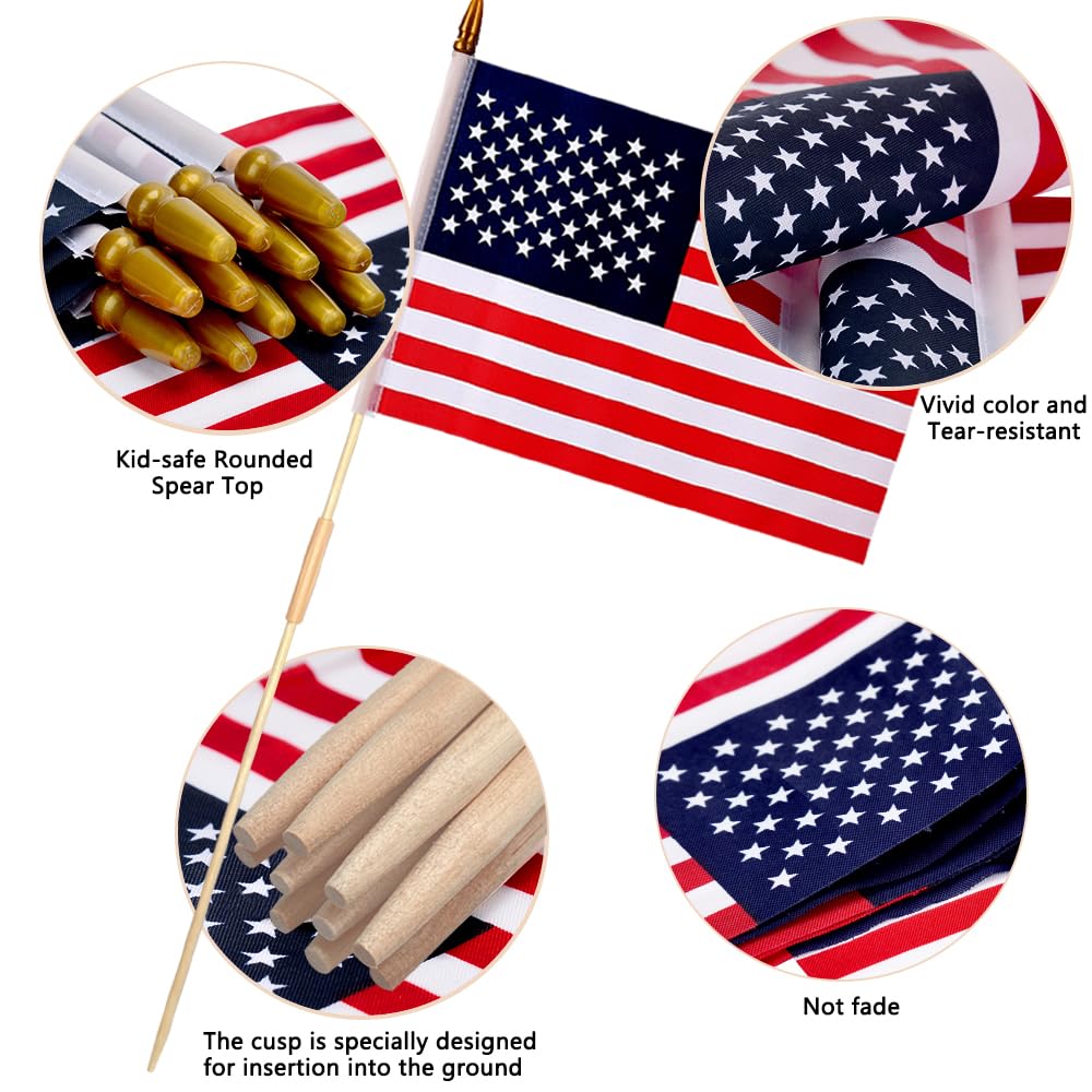 50 Pcs 12x18 Inch American Flags on Stick, American Flags, USA Stick Flag with Handheld and Grounded Multi-Purpose Flagpole, Design for Memorial Day, 4th of July, Veterans Day