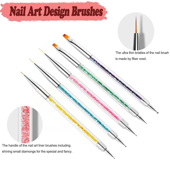 AIBEE Nail Art Brushes, 5pcs Double-Ended Acrylic Nail Brush Including 7/9/11mm Nail Liner Brush Flat Brushes and Nail Dotting Tools for Nail Art Design