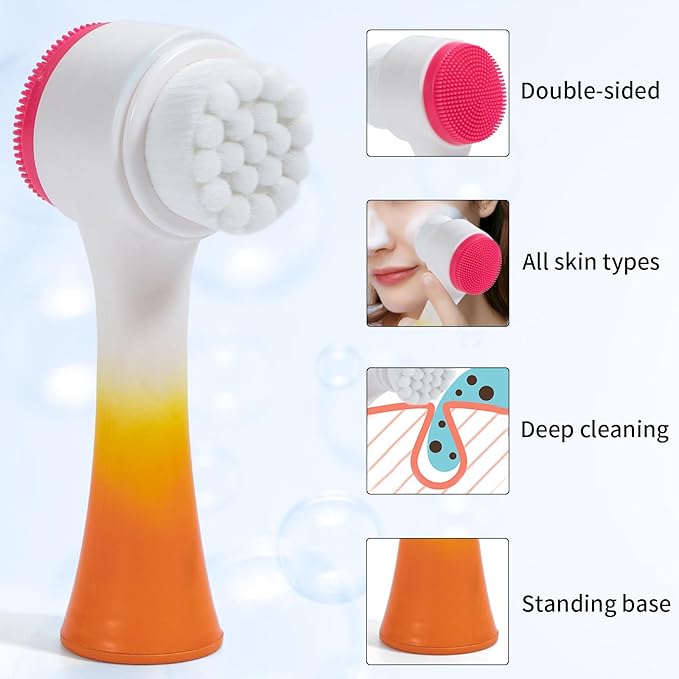 Face Brush 2 in 1, Silicone Facial Cleansing Exfoliating Brush Soft Bristles Pore Deep Cleansing Manual Dual Face Wash Scrub Brush For Massaging, Makeup Skincare Removal, Gradient White