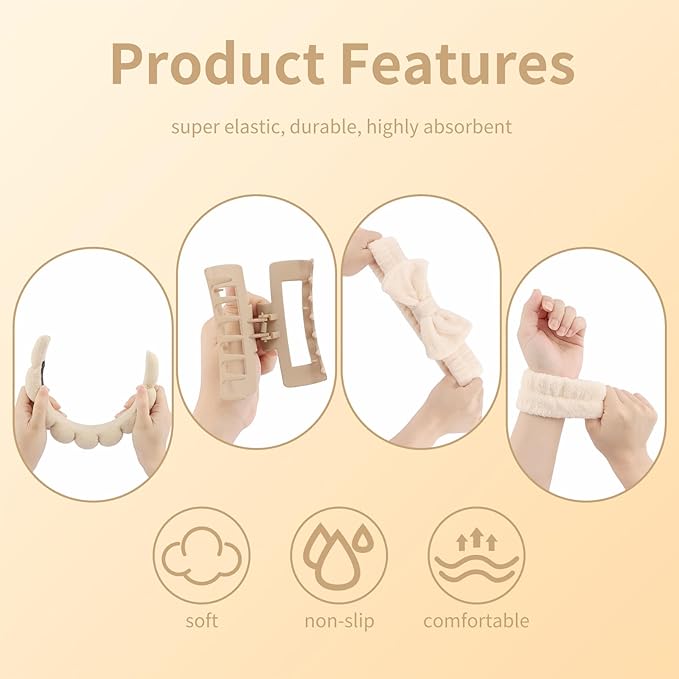 Canitor Spa Headband Wrist Bands Hair Clips Set Skincare Makeup Self Skin Care Hair Band for Women Washing Face Vanity Accessories Things Teens Teenager Tween Clean Girl Gifts Cute Trendy Stuff