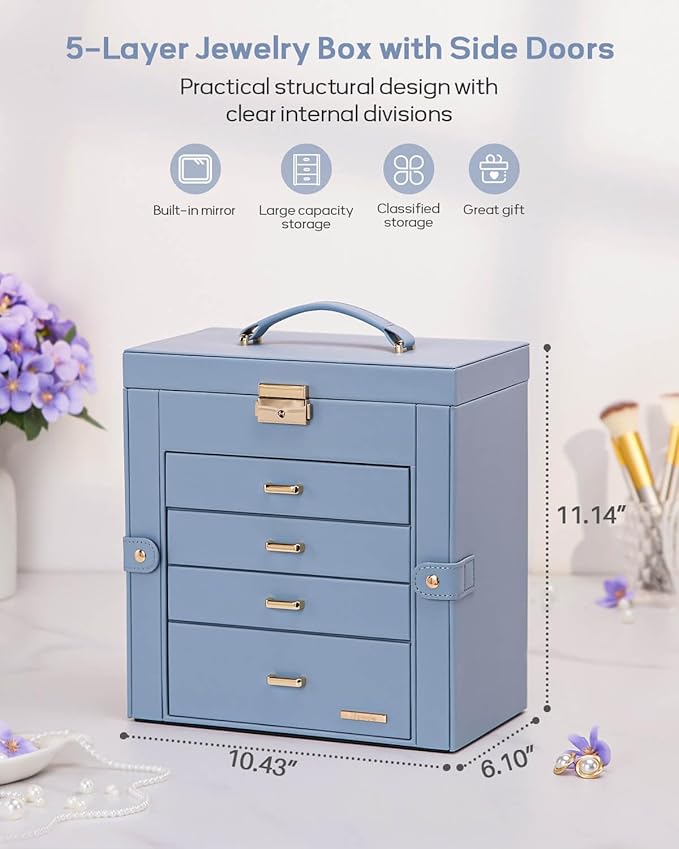 Homde Synthetic Leather Huge Jewelry Box Mirrored Watch Organizer Necklace Ring Earring Storage Lockable Gift Case (Grey Blue + Gold)