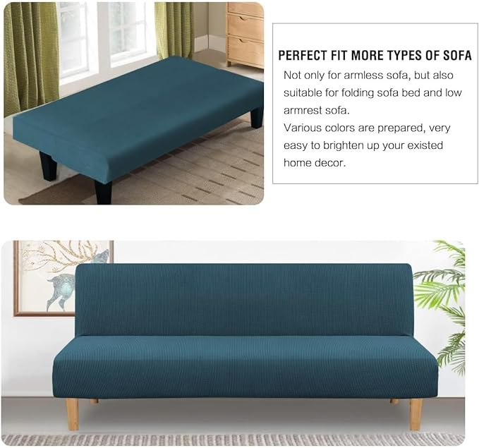 H.VERSAILTEX Armless Futon Cover Stretch Sofa Bed Slipcover Protector Elastic Feature Rich Textured High Spandex Small Checks Jacquard Fabric Futon Cover, Machine Washable, Deep Teal