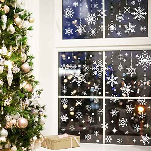 AnyDesign White Snowflake Windows Clings Christmas Window Decals 215 Pcs Winter Double-Sided Window Stickers for Xmas Winter New Year Home School Office Decoration Party Supplies, 9 Sheets