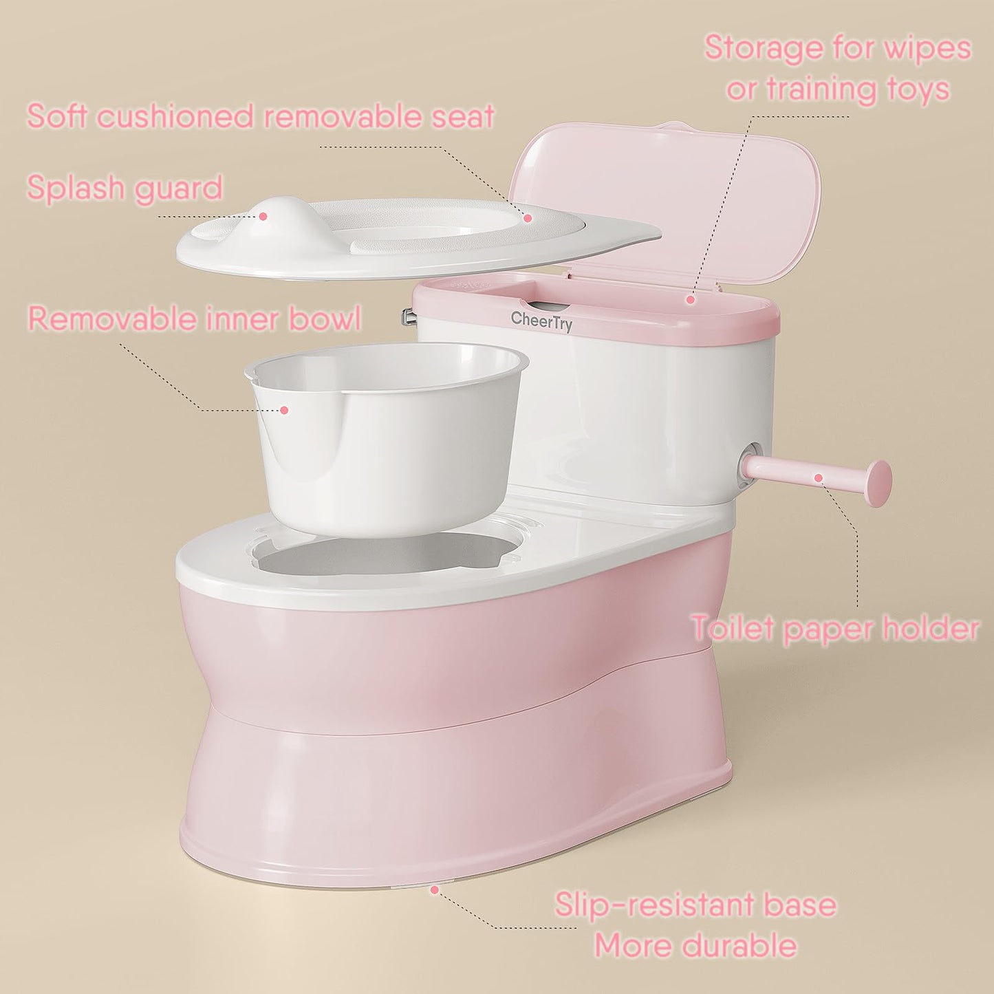 CheerTry 2-in-1 Toddler Potty Training Toilet - with Detachable Training Seat, Realistic Flushing Sound for Boys & Girls Ages 1-3 with Wipes Storage, Toilet Paper Holder