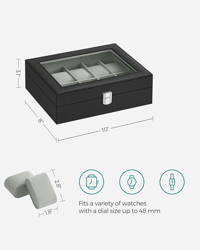 SONGMICS Watch Box, 10-Slot Watch Case Organizer with Large Glass Lid, Removable Pillows, Gift for Loved Ones, Black Synthetic Leather, Gray Lining UJWB010BK