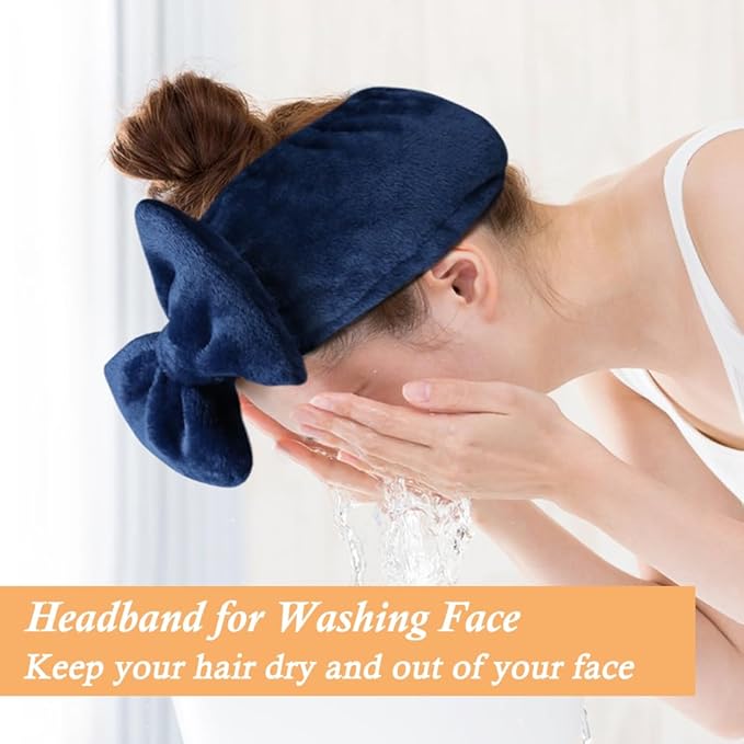 Shintop Face Wash Headband, Soft Spa Headband Carol Fleece Makeup Headwear with Cute Bow Elastic Hairband for Skincare Facial Mask ShowersÃ¯Â¼ÂNavy blueÃ¯Â¼Â