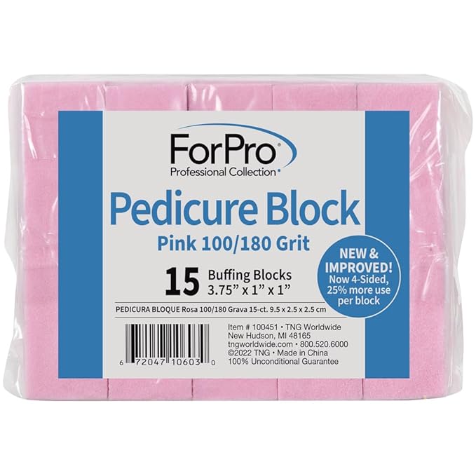 ForPro Pink Pedicure Block, 100/180 Grit, Three-Sided Pedicure Nail Buffer, 3.75” L x 1” W x 1” H, 15-Count (Pack of 2)