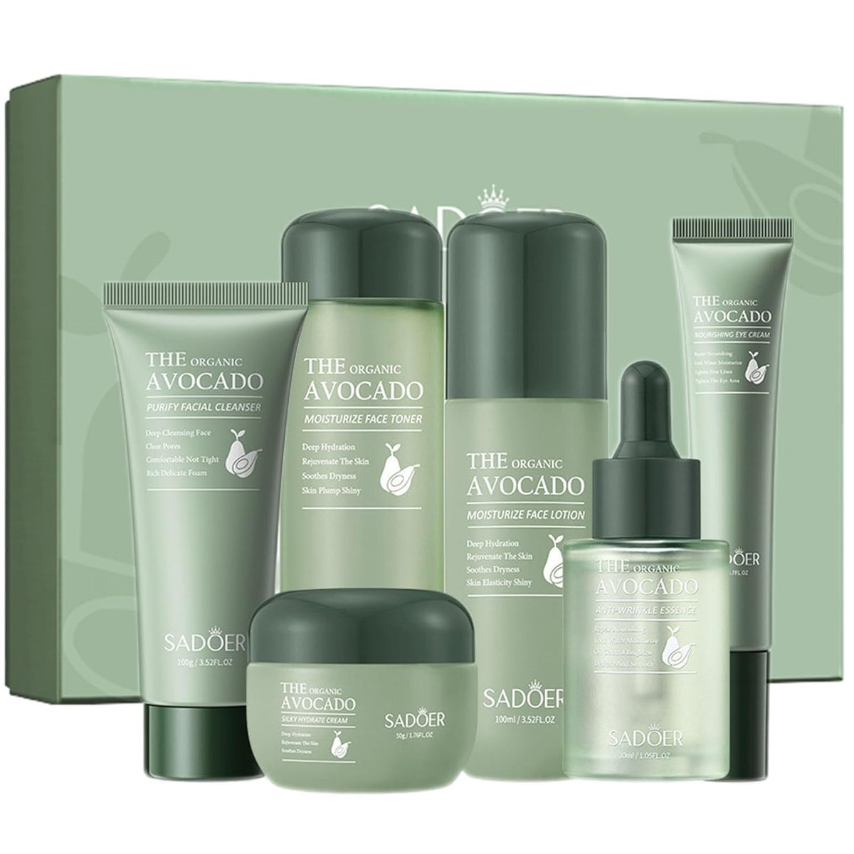 Avocado Skincare Sets, 6Pcs Skincare Gift Set with Facial Cleanser, Face Serum, Face Cream, Eye Cream, Toner, moisturizing Lotion, Anti Aging Skin Care Sets & Kits, Hydrating Facial Kit for women