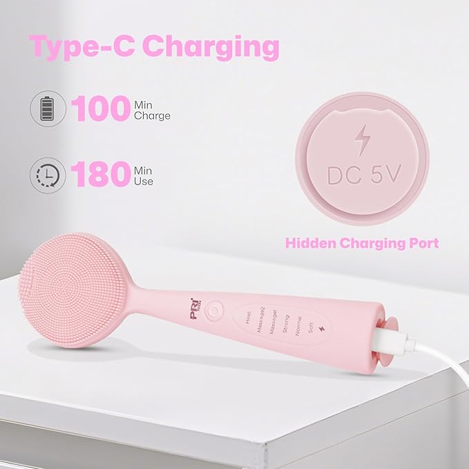 PRITECH Facial Cleansing Brush with 42ÃÂ° ConstantÃ¢ÂÂTemperature Heating Ã¢ÂÂ Rechargeable Silicone Face Scrubber for Deep Pore Cleaning, Waterproof Vibrating Exfoliator for Women & Men (Pink)