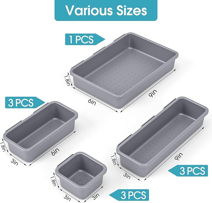 10 PCS Drawer Organizer Set, 4 Size Makeup Drawer Divider Organizer With Non-Slip Pads, Interlocking Plastic Storage Bins for Office,Jewelry Vanity,Gadgets, Bathroom,Kitchen, Grey