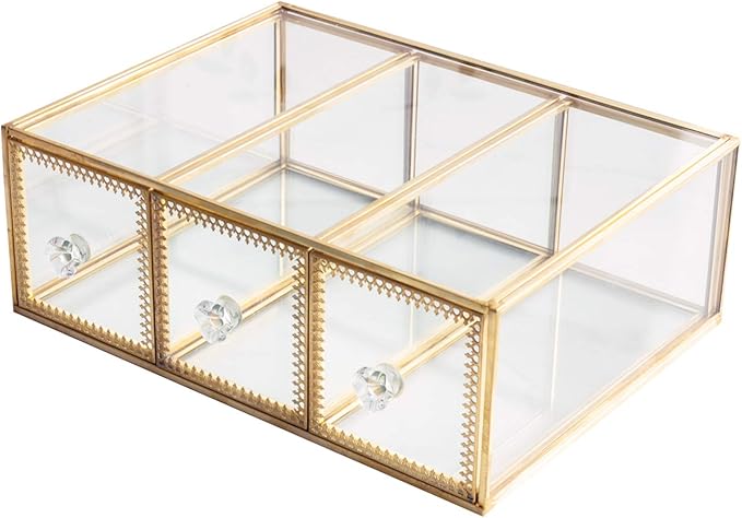 Antique Beauty Display Jewelry Case Holder Clear Glass 3 Drawers Palette Organizer, Cosmetic Storage, Makeup Container 3 Cube Holder/Beauty Dresser Vanity Cabinet Decorative Keepsake Box