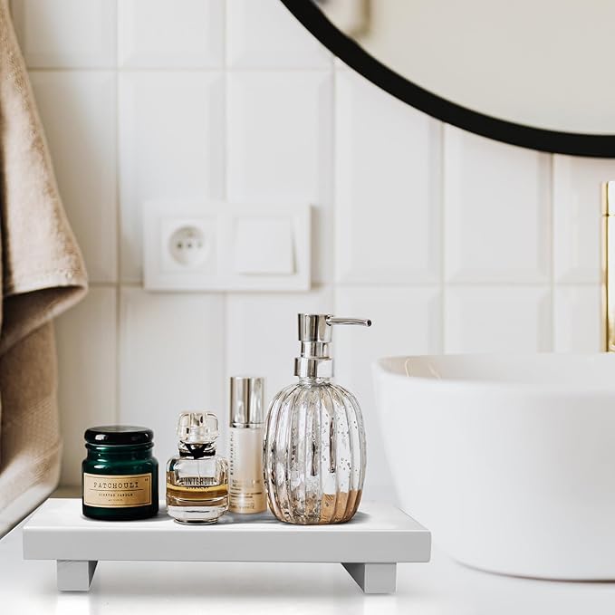 White Wooden Bathroom Tray Wood Riser Pedestal Stand Dish Soap Dispenser Holder for Kitchen Counter Bathroom Decor Decorative Kitchen Sink Countertop Trays Farmhouse Organizer Accessories Vanity Tray