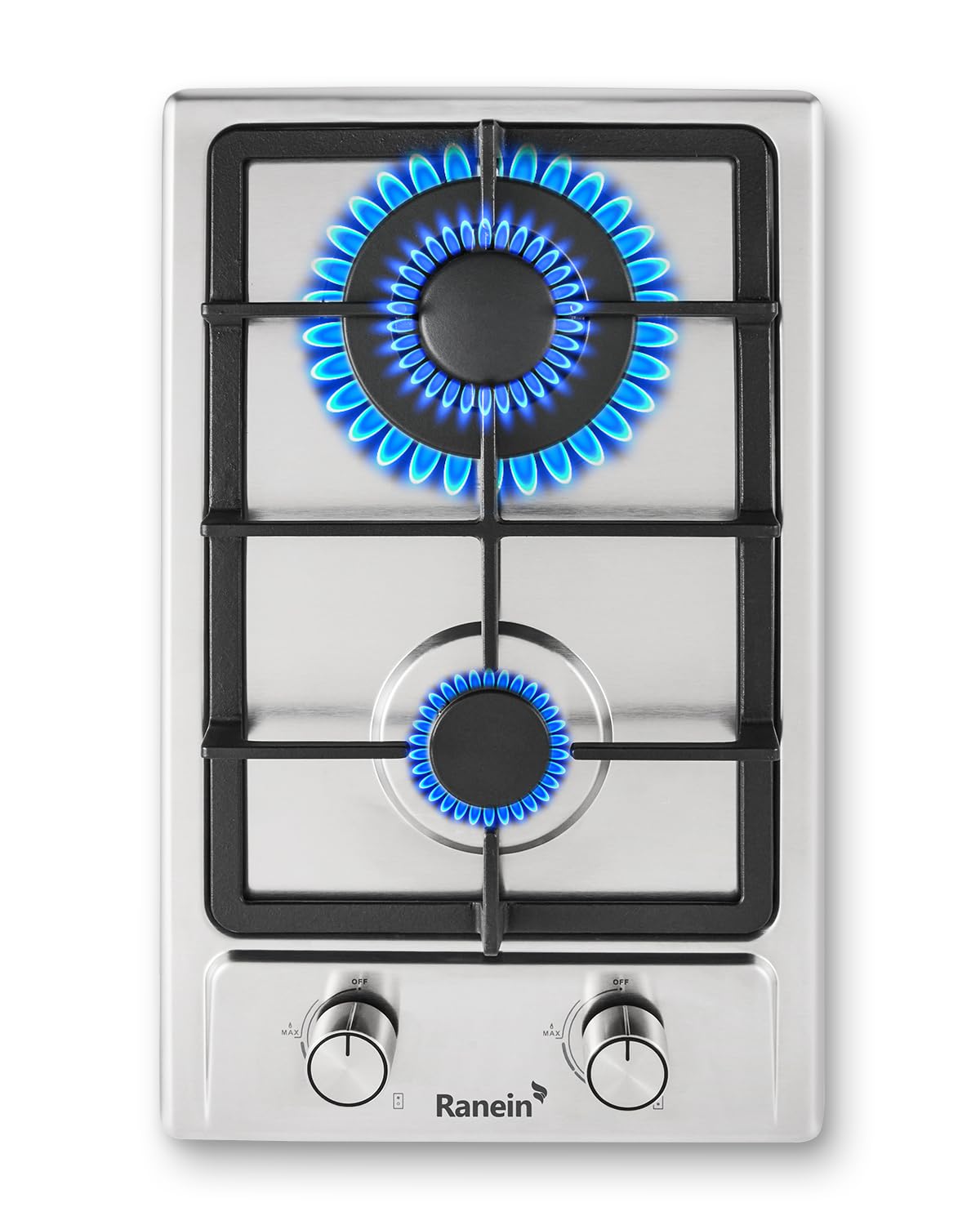 Ranein 12 Inch 2 Burner Gas Cooktop, NG/LPG Convertible Gas Stove Top, 304 Stainless Steel with Thermocouple Flameout Protection for Kitchens, Apartments, RVs