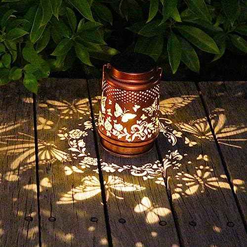 2 Pack Solar Butterfly Lanterns Outdoor Hanging Decor Lantern,Waterproof Hollow Out Retro Metal Decorative Garden Light,Graceful Decoration for Patio,Yard,Landscape,Festival