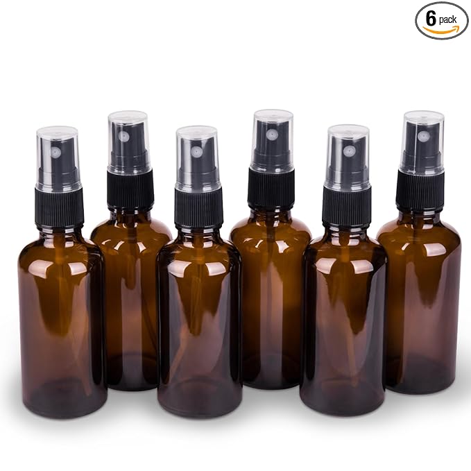 6 Pack Amber Glass Spray Bottles for Essential Oils, 2oz Small Fine Mist Travel Empty Spray Bottle for Hair and Plants