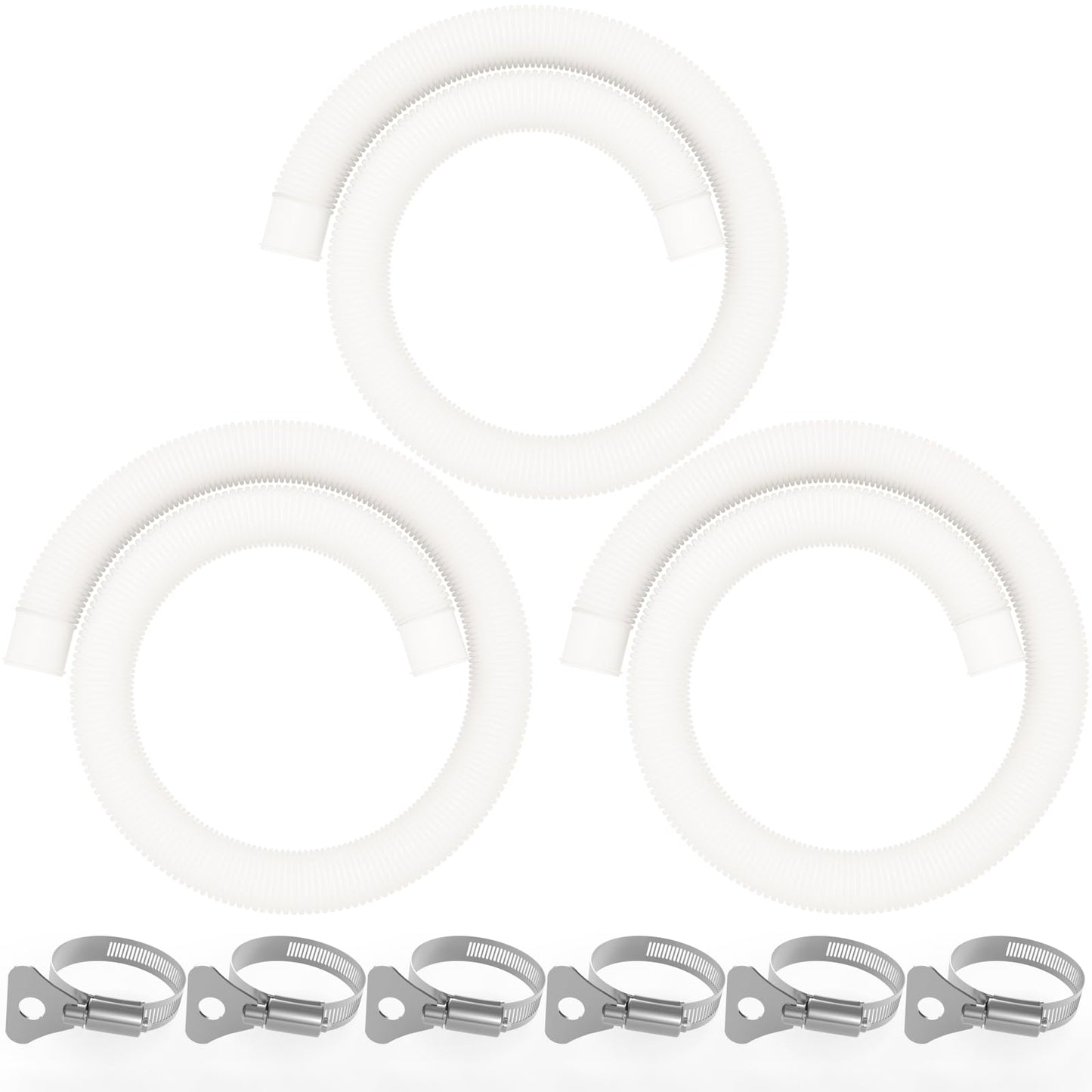 Poolvio 1.5" x 59" Above Ground Pool Hoses, 3-Pack, White- Heavy Duty UV Resistant Leak-Proof Replacement Hoses with 6 Metal Thumb Clamps, Perfectly Fits Intex Filter Pumps & Pool Surface Skimmers