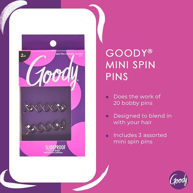Goody Mini Spin Pins, 2 Ct, Spiral Clips for Quick & Easy Buns, All-Day Hold Twist Corkscrew Bobby Pins, Pain-Free Hair Accessories for Women, Men Boys & Girls, All Hair Types