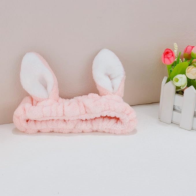 YISSION Cute Bunny Ear Spa Headband for Women and Girls - Soft Plush Makeup Headband for Face Washing, Skincare, Shower, Easter Party Favors (2 Pack, Pink & Blue)