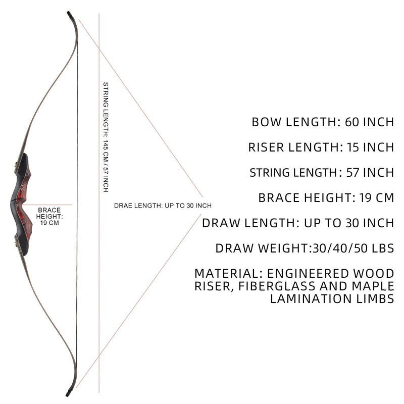 Professional Recurve Bow and Arrow Set for Adults Youth Beginners, 60'' Wooden Takedown Hunting Bow for Outdoor, Hunting and Practice, Right Hand, 30/40/50lbs (Bow and Arrow Set, 50LBS)