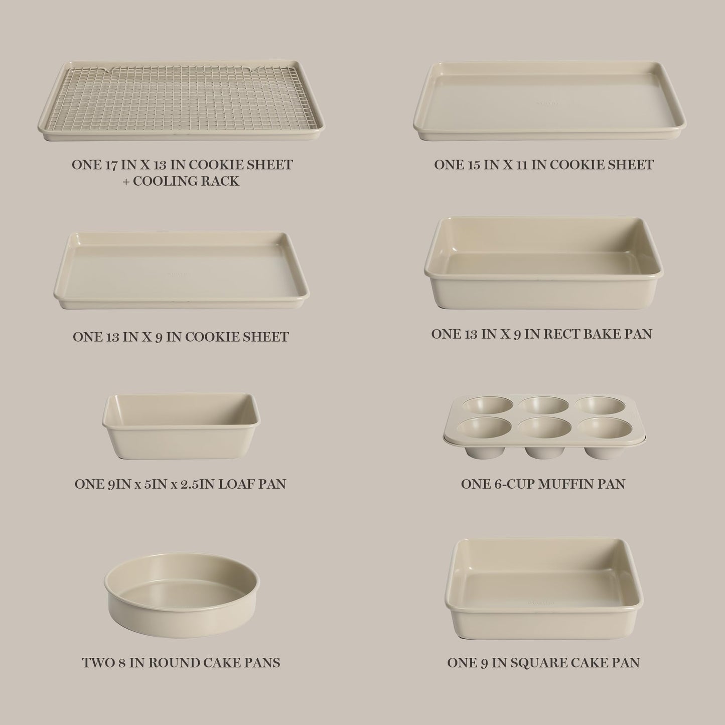 Martha Stewart Gallen 10 Piece Baking Pans Ceramic PFA Free Non Toxic Non Stick Bakeware Set - Taupe