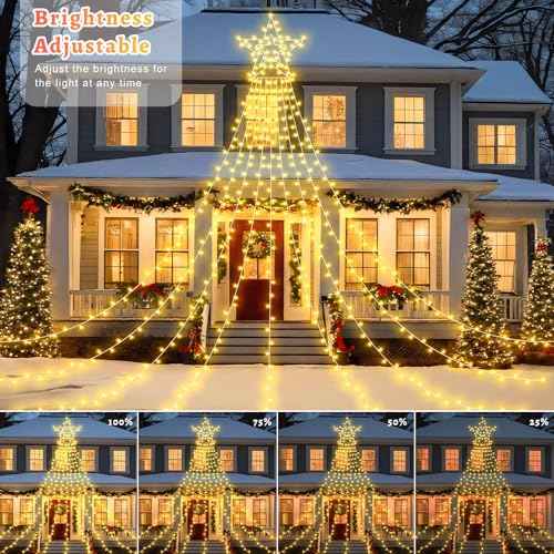 23FT 714 LED Christmas Decoration Lights Outdoor, 8 Modes Waterfall Star String Lights with Waterproof Timer, Dimmable Waterfall Tree Lights for Indoor Roof Patio Holiday Party, Warm White