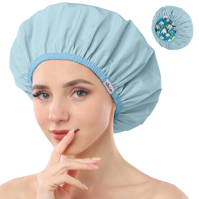 Years calm Shower Caps for Women Reusable Waterproof, Double Layer Waterproof Fabric - Both Sides Usable, Reversible Pattern & Solid Color Design, Soft Elastic Keeps Hair Dry for shower Spa Travel