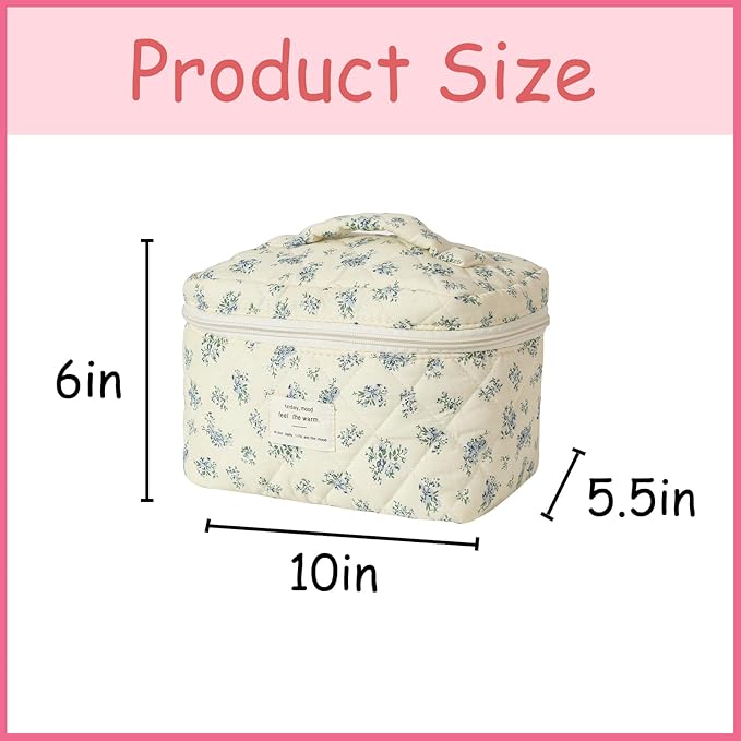 uekeboag Large Travel Quilted Makeup Bag for Women, Floral Cotton Cosmetic Bag, Coquette Aesthetic Floral Toiletry Organizer Bag