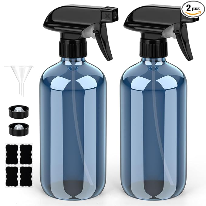 Bontip Glass Spray Bottle, Indigo Blue Glass Spray Bottle Set & Accessories Refillable for Plants Window Cleaners Aromatherapy Facial Hydration Watering Flowers Hair Care (2 Pack/16 oz)(Indigo)
