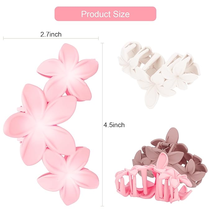 ANBALA Flower Claw Hawaiian Hair Clip, 4PCS Large Plumeria Hair Clips for Women, Non-Slip Strong Hold Clips for Thick Hair, Beach Hair Accessories (Pink, Gradient White, Dark Pink)