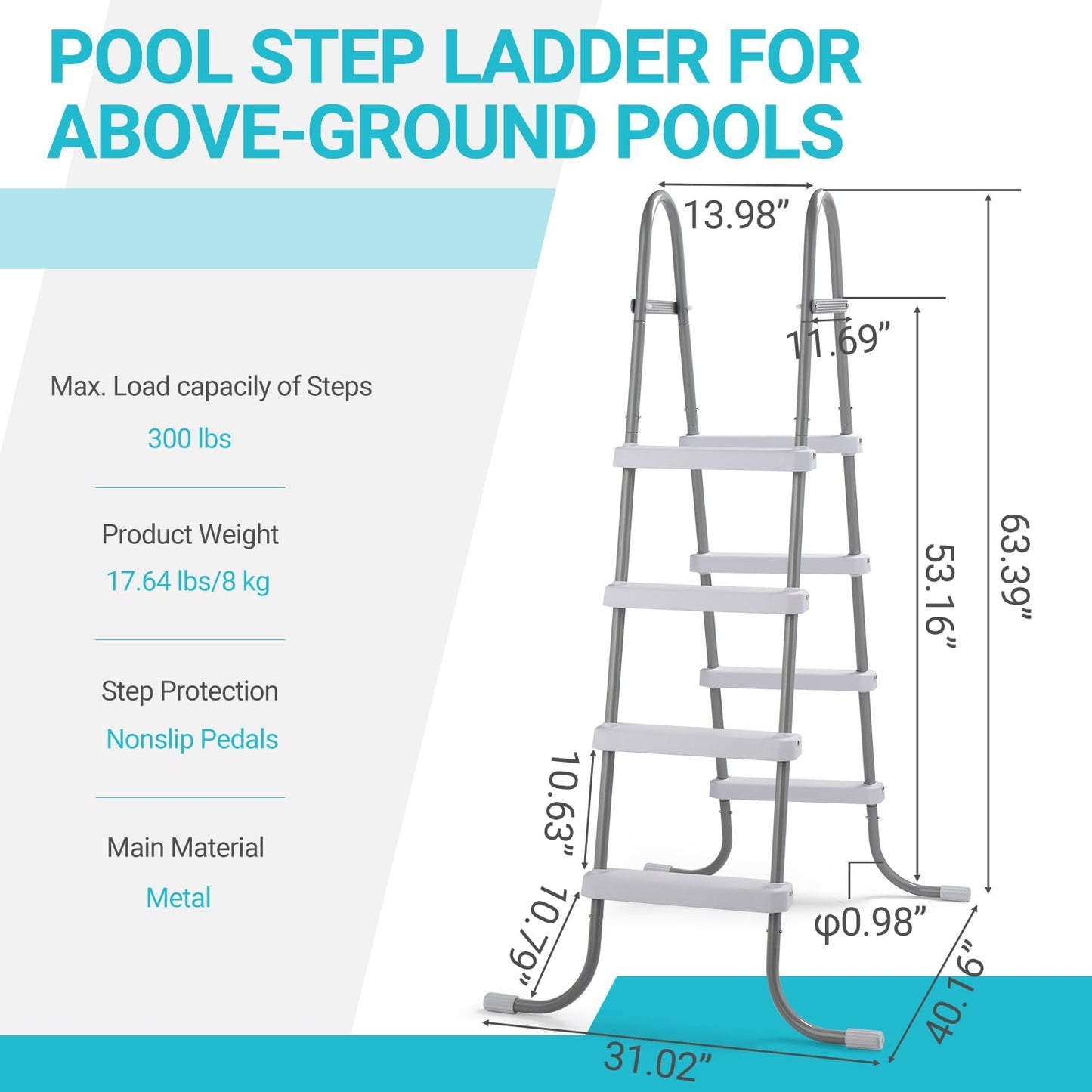 Outvita Metal Frame Above Ground Swimming Pool Entry, 4 Step Exit Ladder for 52" High Wall Pools, 300 Pound Capacity