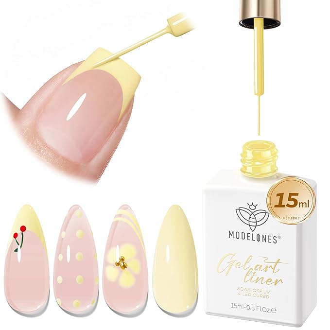 modelones Yellow French Tip Liner Gel Polish, 15 ML Butter Light Yellow Pastel Color Nail Art Paint Swirl with Fine Line Brush Soak Off U V DIY Home Salon Professional Manicure Design Gift for Women
