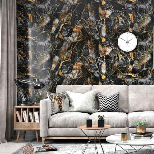 Wallercity Glossy Black/Gold Marble Wallpaper for Backsplash Peel and Stick Countertops Self Adhesive Wall Paper Sticker Waterproof Kitchen Marble Contact Paper for Cabinets Shelf Liner 15.8''x78.7''