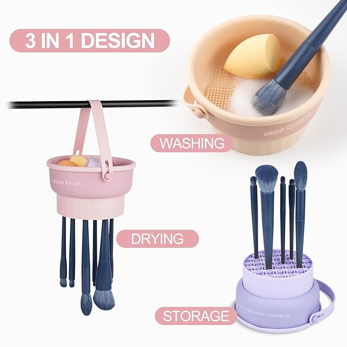 Makeup Brush Cleaner Mat 3 in 1 Silicone Makeup Brush Cleaner Bowl Cosmetic Brushes Cleaning Tool Makeup Cleaner for Brushes (Purple)