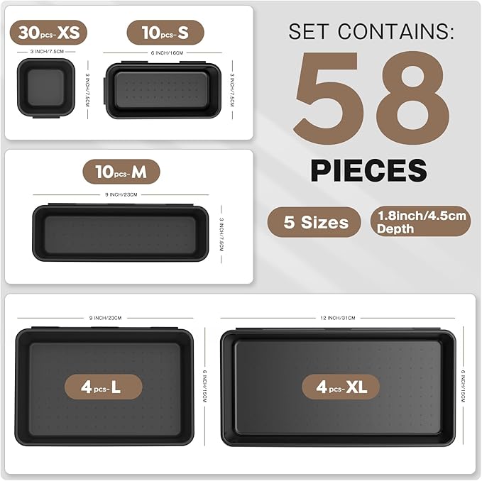 A-LUGEI【𝟱𝟴𝗣𝗰𝘀】【5 Size】 Tool Box Organizer Tray Divider Set, 【Black】 Desk Drawer Organizer, Garage Organization and Storage Toolbox Accessories Rolling Tool Chest Cart Cabinet WorkBench Small Part
