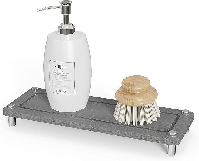 Kitchen Sink Caddy Water Absorbing Stone Tray For Sink, Diatomite Bathroom Countertop Tray Organizer, Faucet Stone Drying Mat Coaster Soap Dish Sponge Dispenser Holder (Grey)