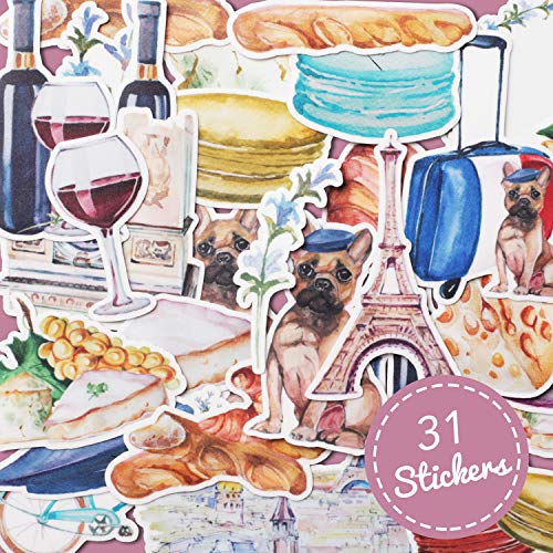 Navy Peony Romantic France Travel Stickers (31 Pack) - Cute, Waterproof, Small | Aesthetic Adventure Decals for Water Bottles, Laptops, Scrapbook