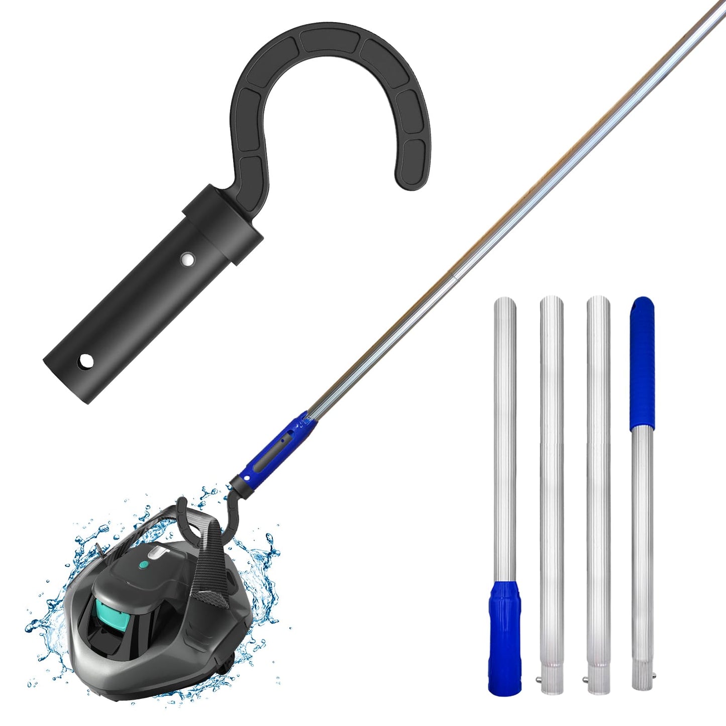 Hook for All Robotic Pool Cleaner with Adjustable Aluminum Pool Pole, Accessories Hook with 5.2 Feet Pole Customized for Pool Vacuum Robot Including Cordless,Above Ground and Underwater.