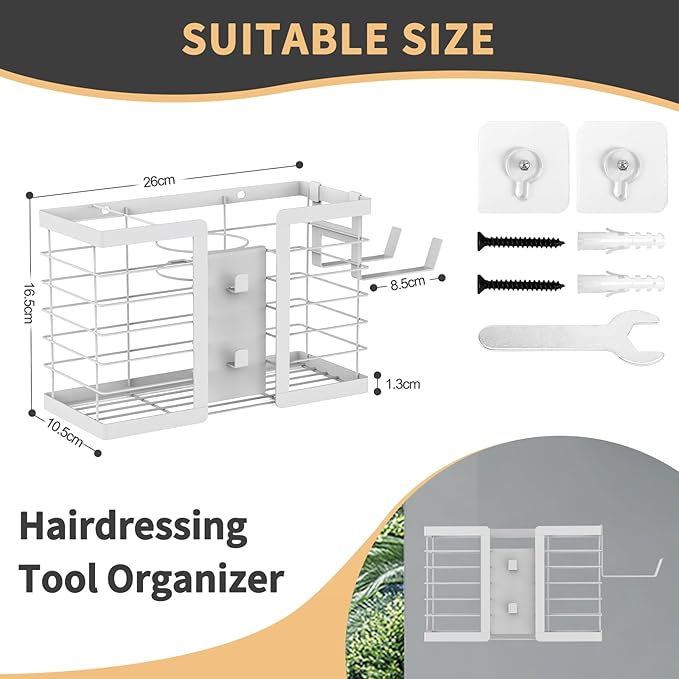 FUNKYLEE Hair Tool Organizer, 3 in 1 Metal Bathroom Blow Dryer Organizer Wall Mount for Flat Iron, Curling Iron, Straightener, Hair Care & Styling Tools Storage and Organizer (White)-2pcs