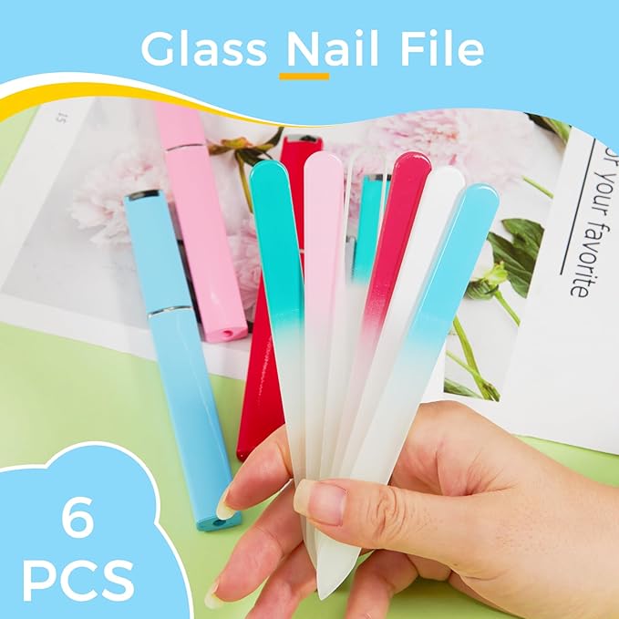 6 Pieces Both Sides Glass Nail File Crystal Glass Nail Files for Natural Nails with Case Glass Files for Nails Finger Nail Files for WomenÃ¯Â¼ÂLight ColorÃ¯Â¼Â