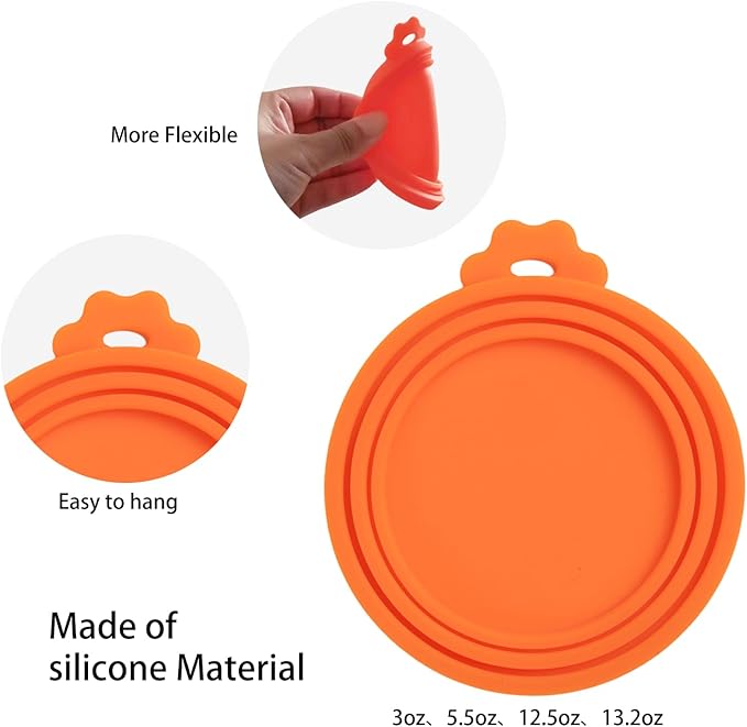 PINE & LINEN 4 Pcs Durable Pet Can Lids,One fit 3 Standard Size Silicone Waterproof Cat Food Cans Lids for 3oz/5.5oz/12.5oz/13.2oz Cat Food Cans（Orange）