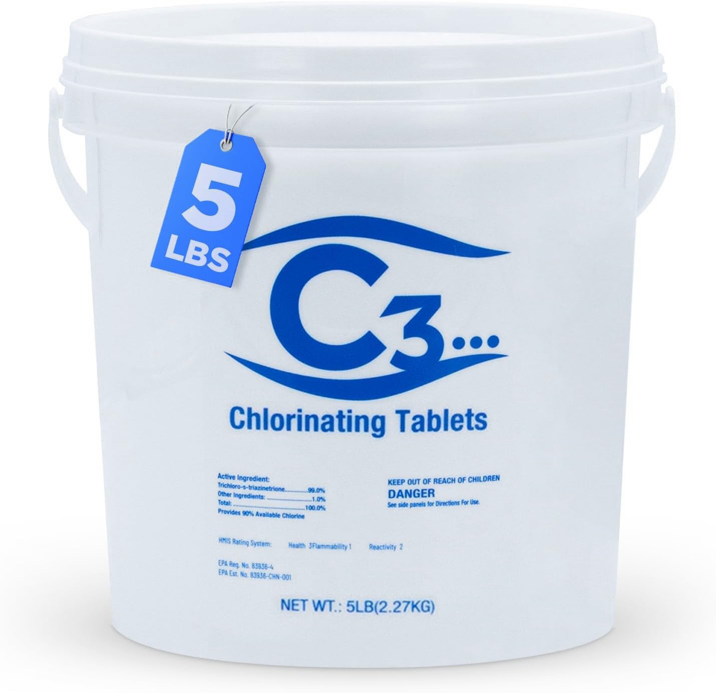 C3… 5 lbs. 3" Stabilized Chlorine Tabs for Swimming Pools | Easy to Use for Above Ground or Inground Pool | Slow Dissolving Individually Wrapped Chlorinating Tablets | 5 Pound Bucket