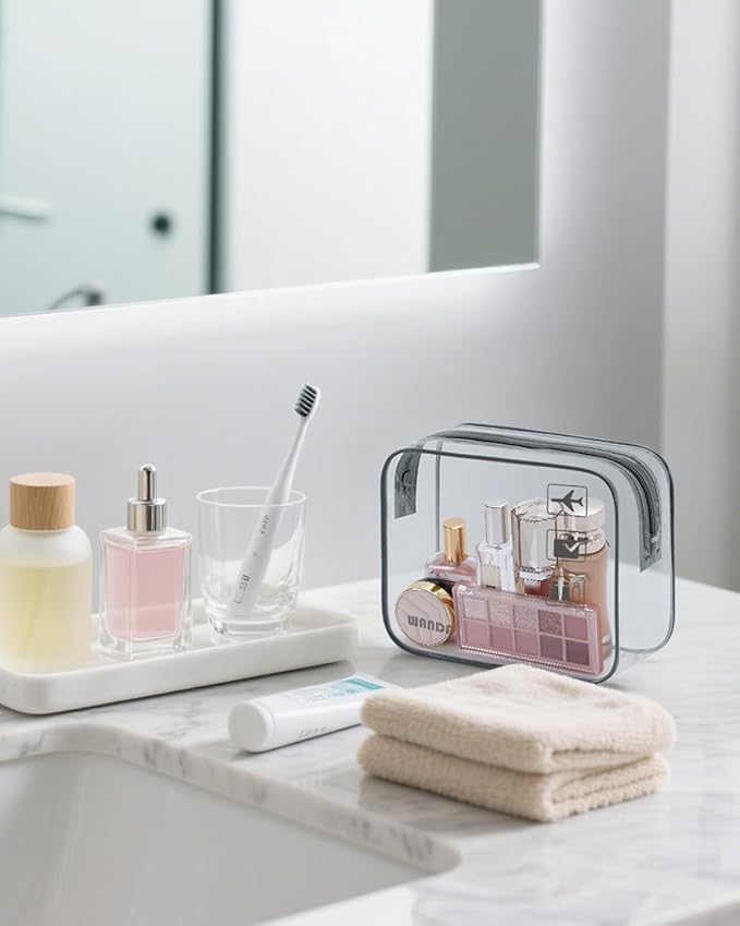 WANDF TSA Approved Toiletry Bag, 2 Packs Travel Clear Toiletry Bag, Quart Size Makeup Cosmetic Pouch with Zipper, Carry-On Airport Compliant Bag for Women and Men (2pcs Grey)