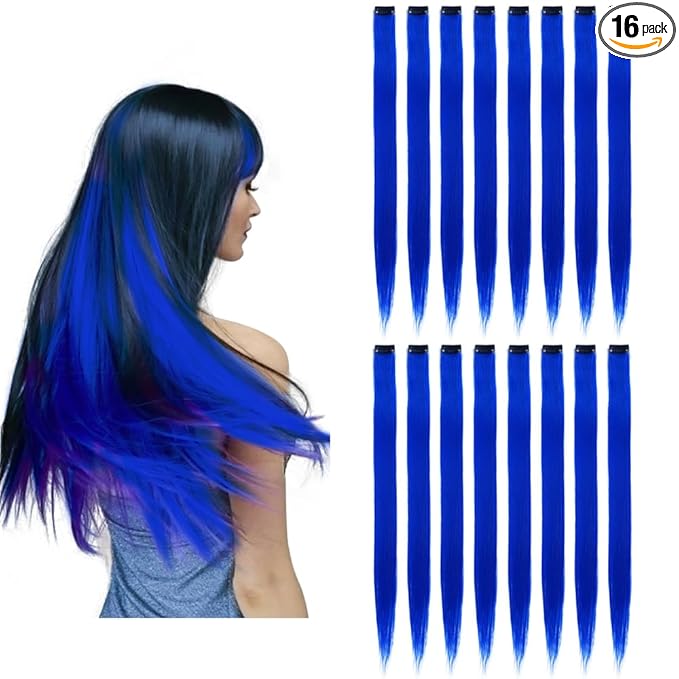 16Pcs Blue Clip in Colored Hair Extensions 22inch Long Straight Party Highlights Colorful Hair Extension One Color Clip on Hairpieces for Women Girls